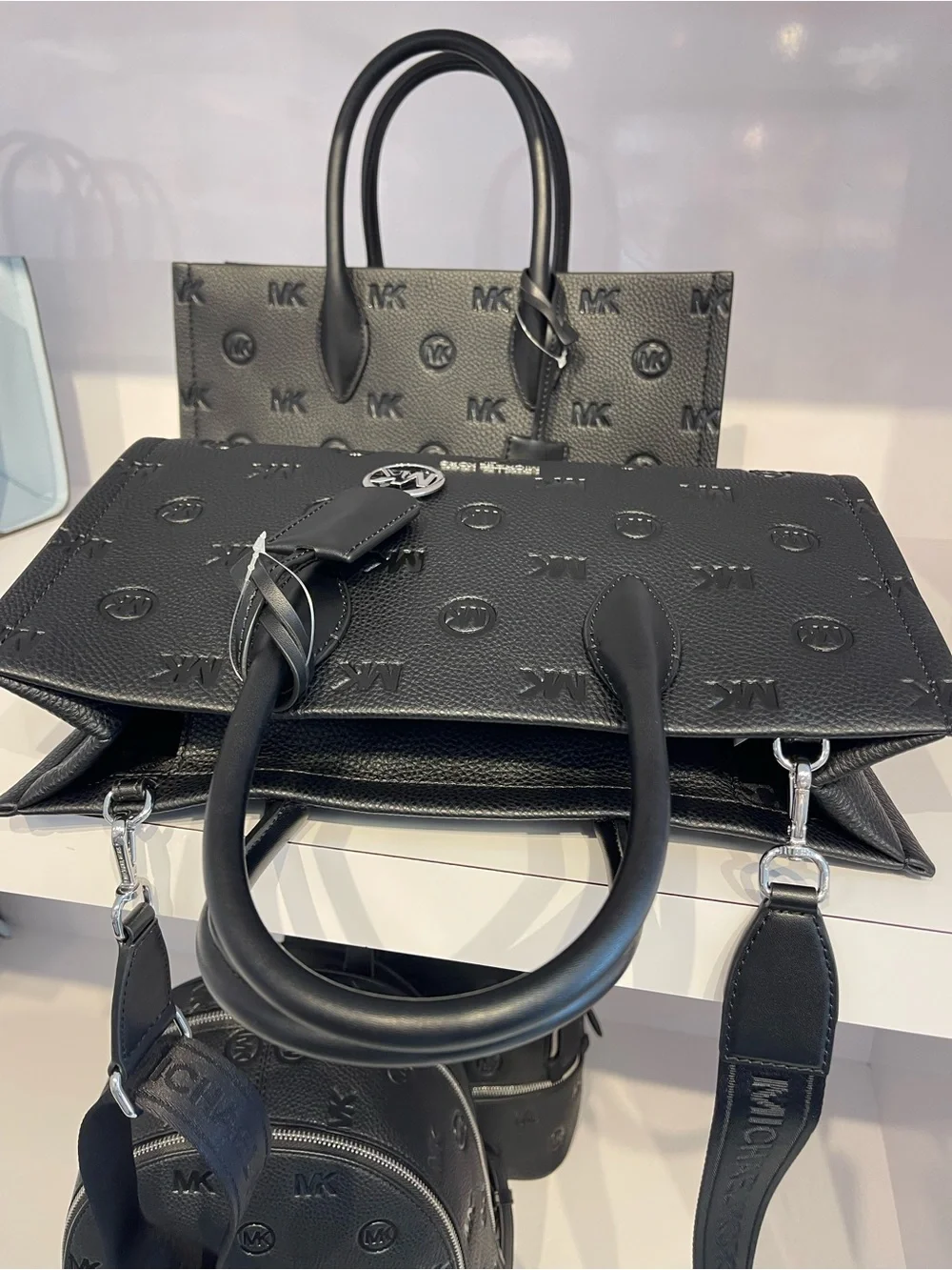 Michael Kors Mirella Md Logo Debossed EW Top Zip Satchel Shoulder Tote Black NWT